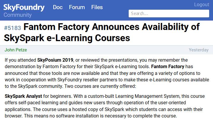 Fantom Factory Announces Availability of SkySpark eLearning Courses